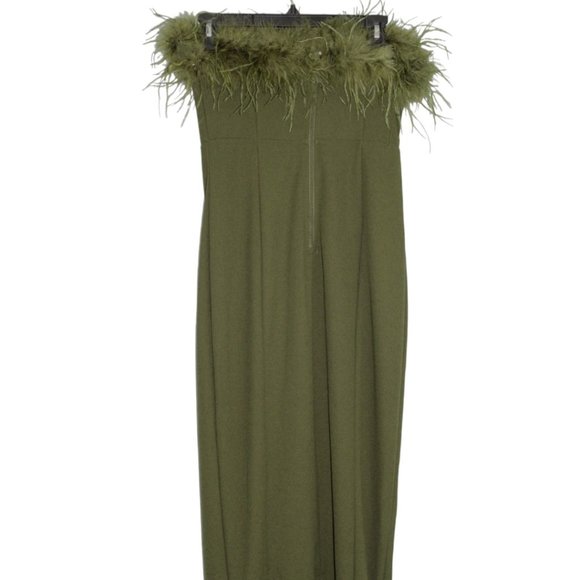 Windsor Medium Olive Green Monica Formal Dress Feather Trim Strapless Split Long - Picture 9 of 16